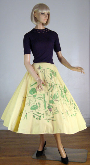 Lucitebox Item - Sporty Novelty Print Vintage 50s Circle Skirt : circle skirt novelty sporty yellow sketches
